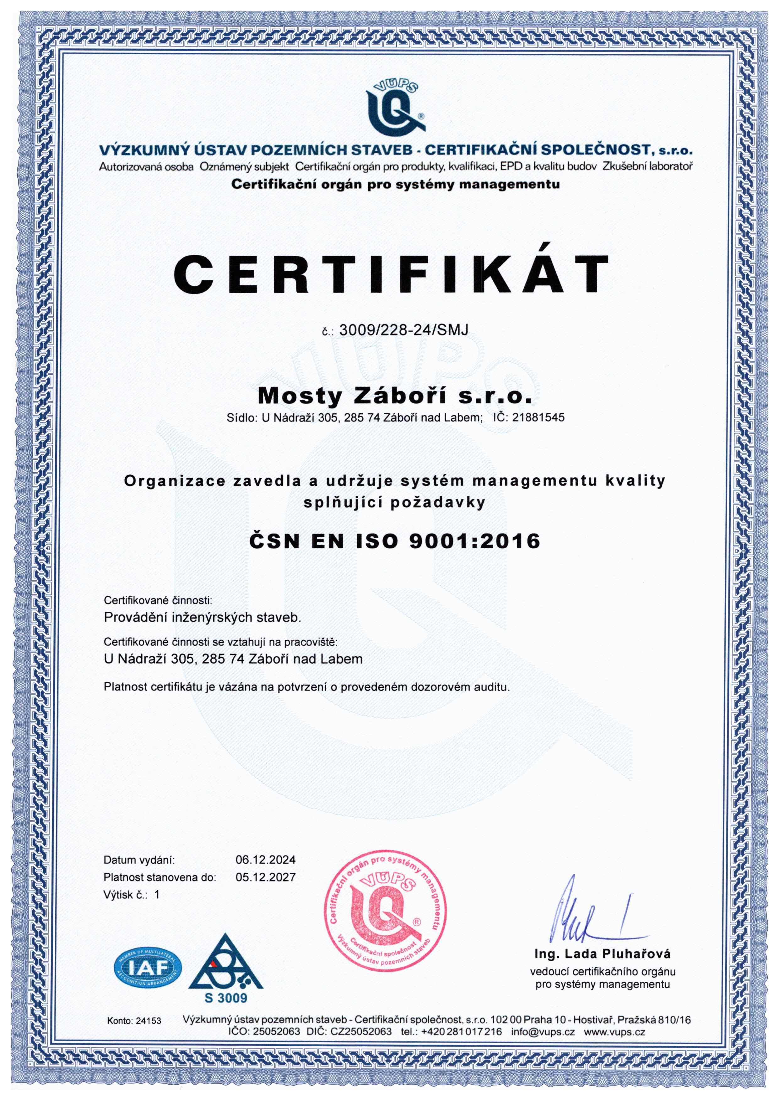 Mosty Záboří - Certifikát