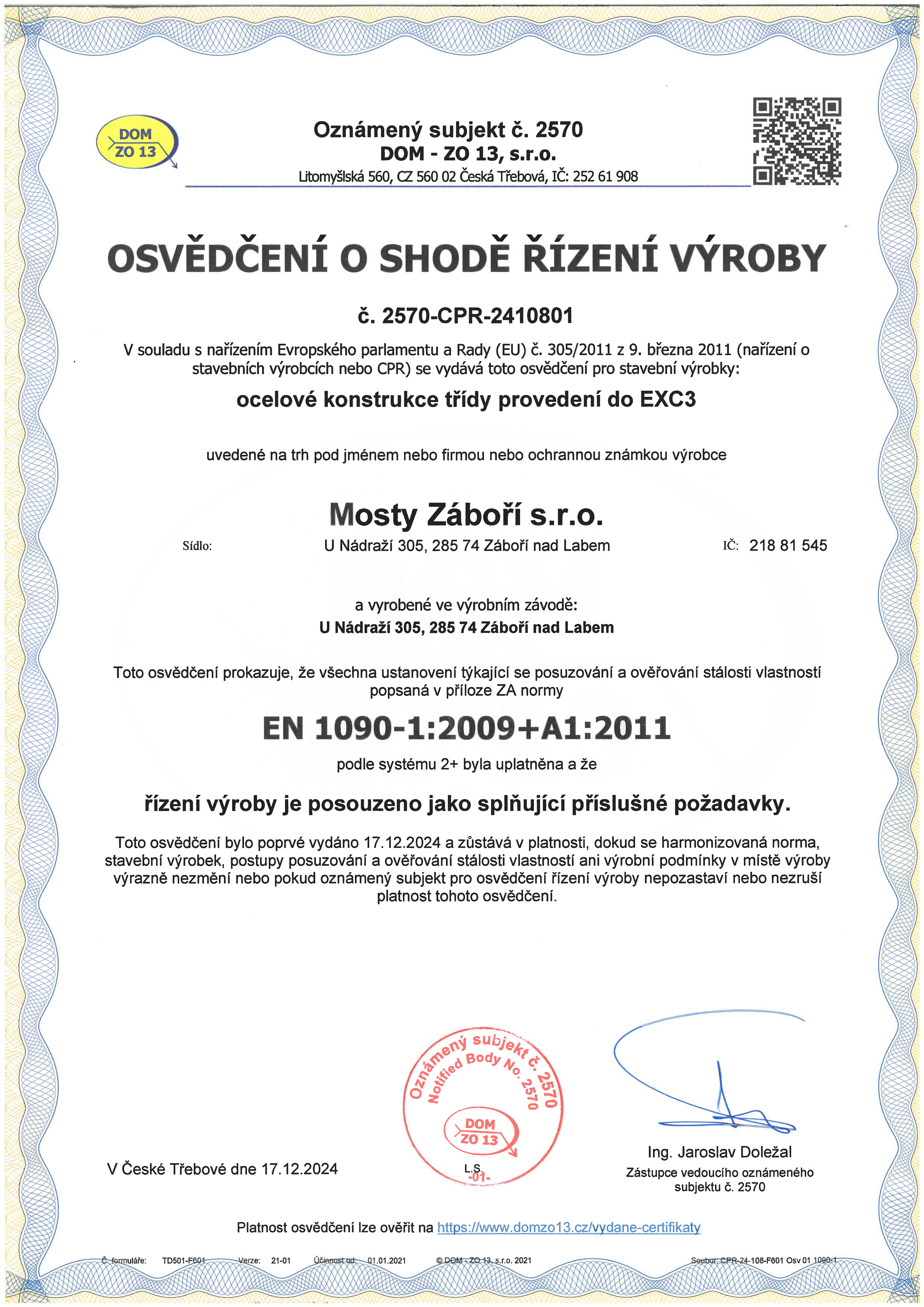 Mosty Záboří - Certifikát