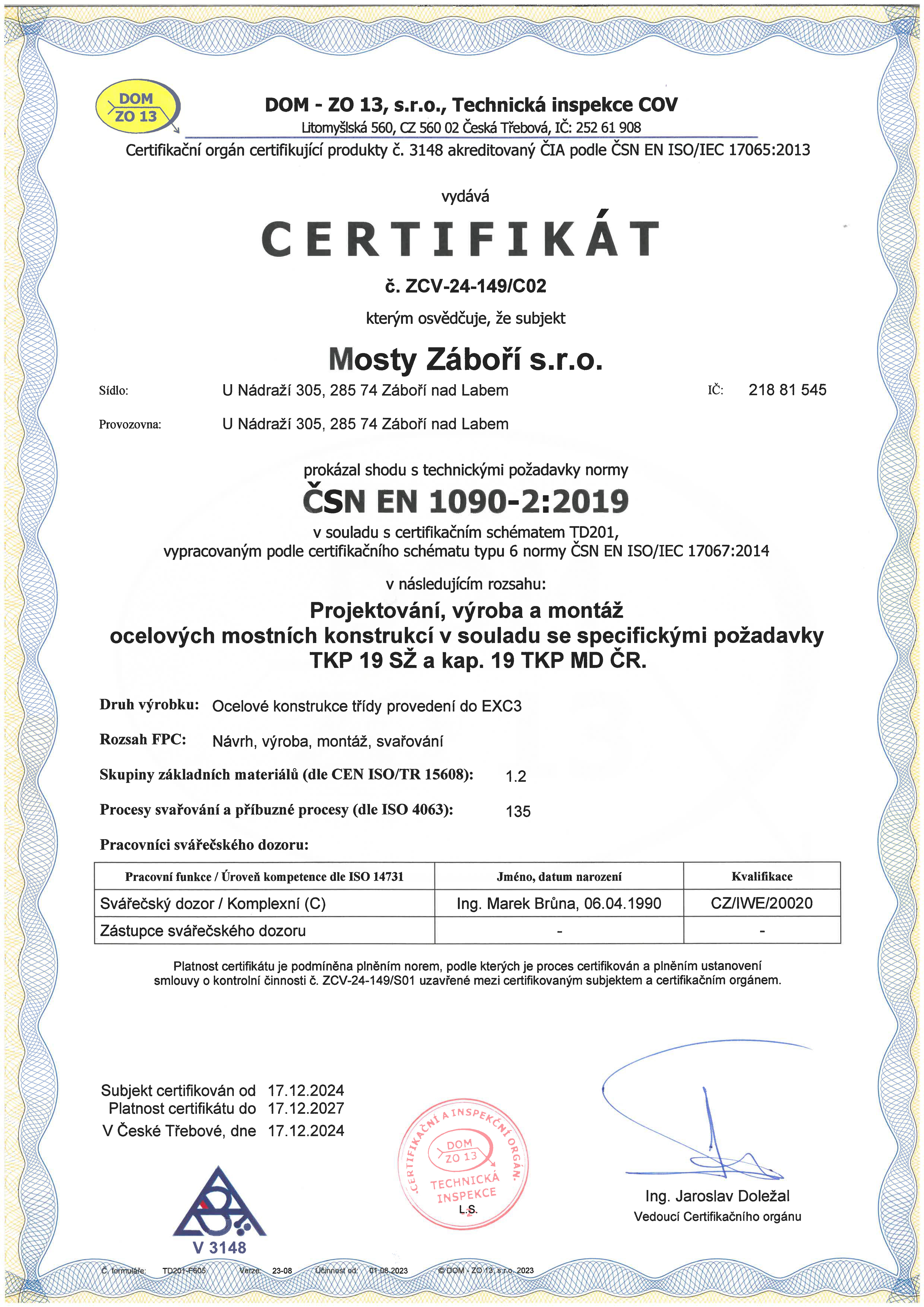 Mosty Záboří - Certifikát
