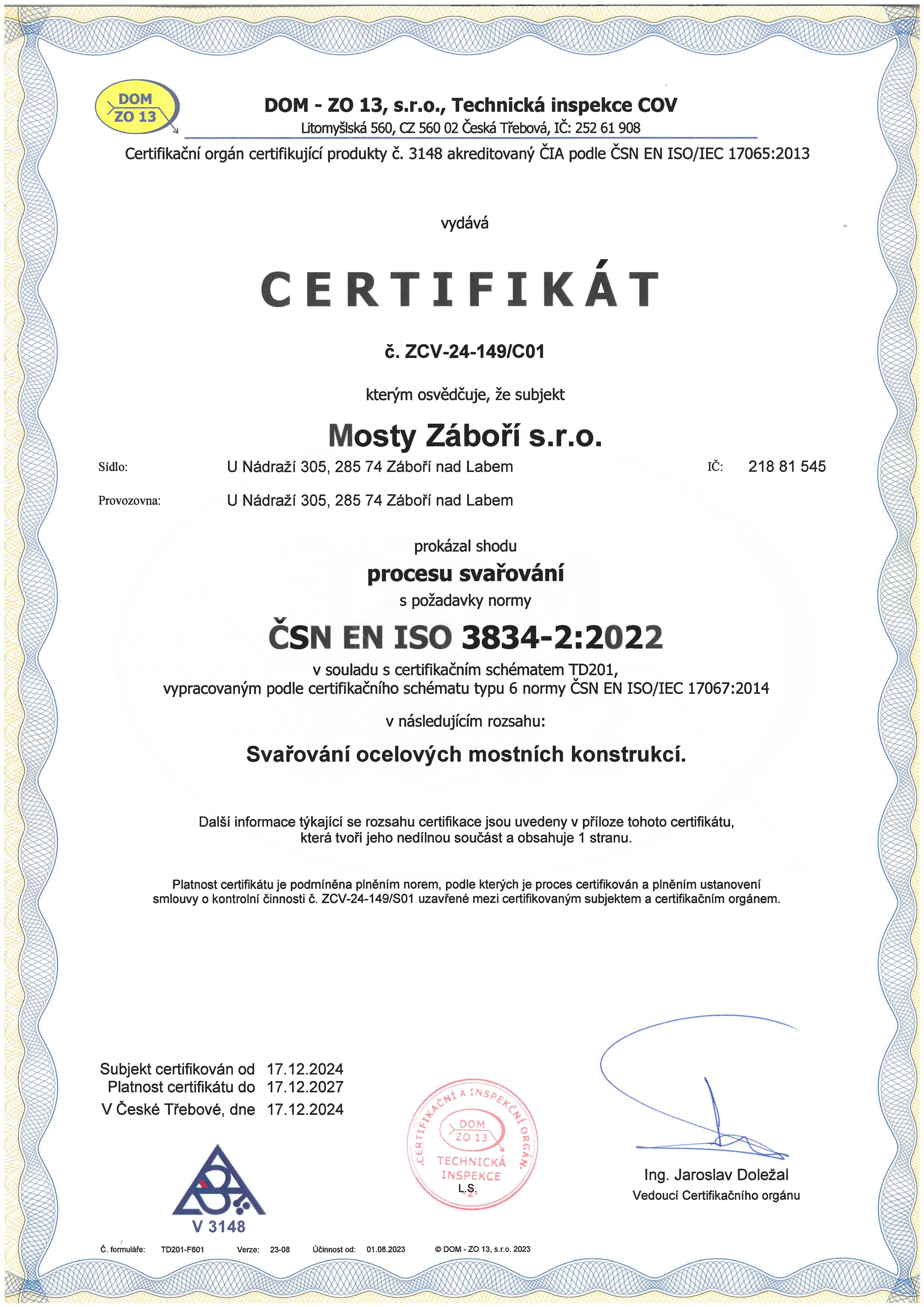 Mosty Záboří - Certifikát