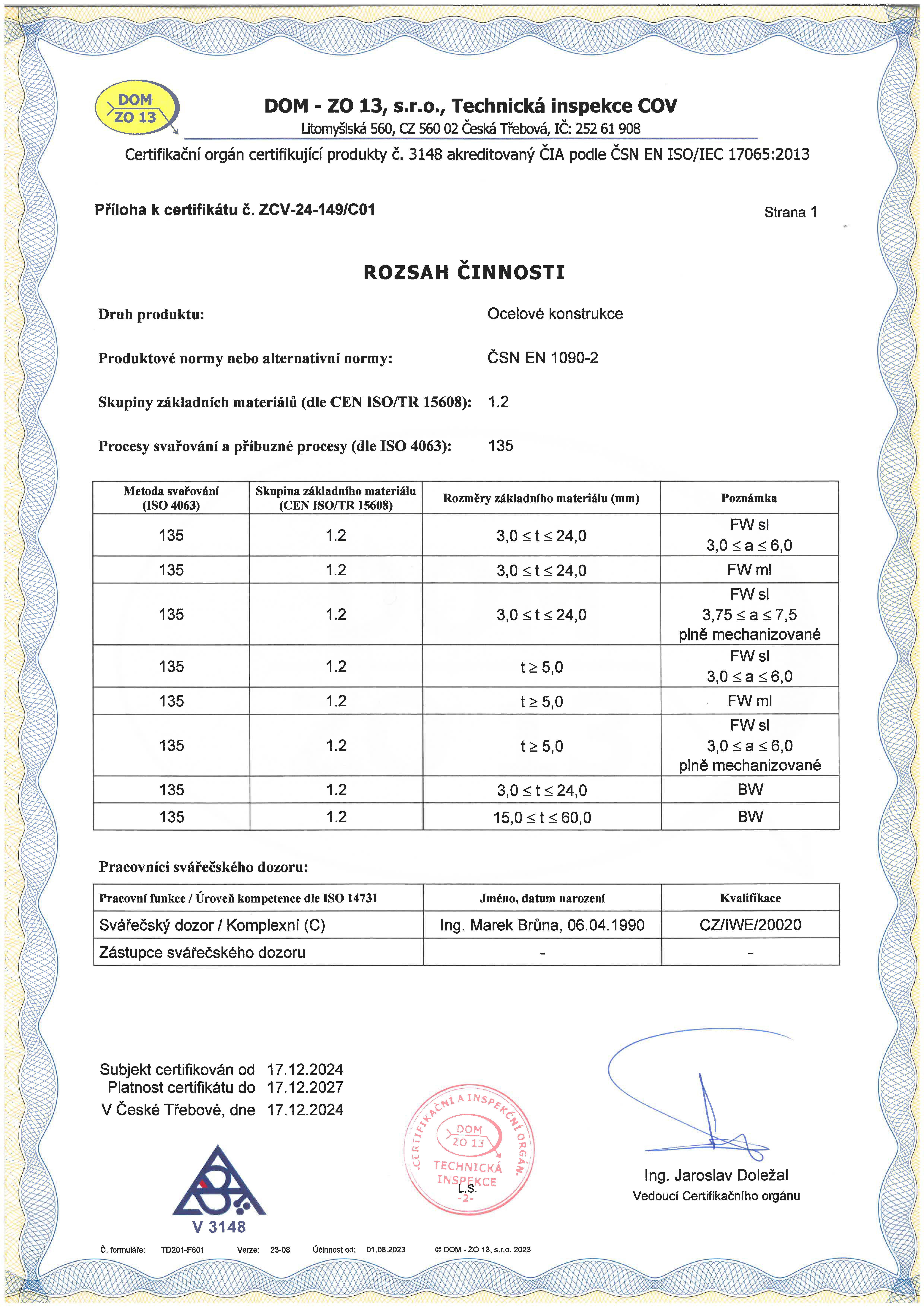 Mosty Záboří - Certifikát